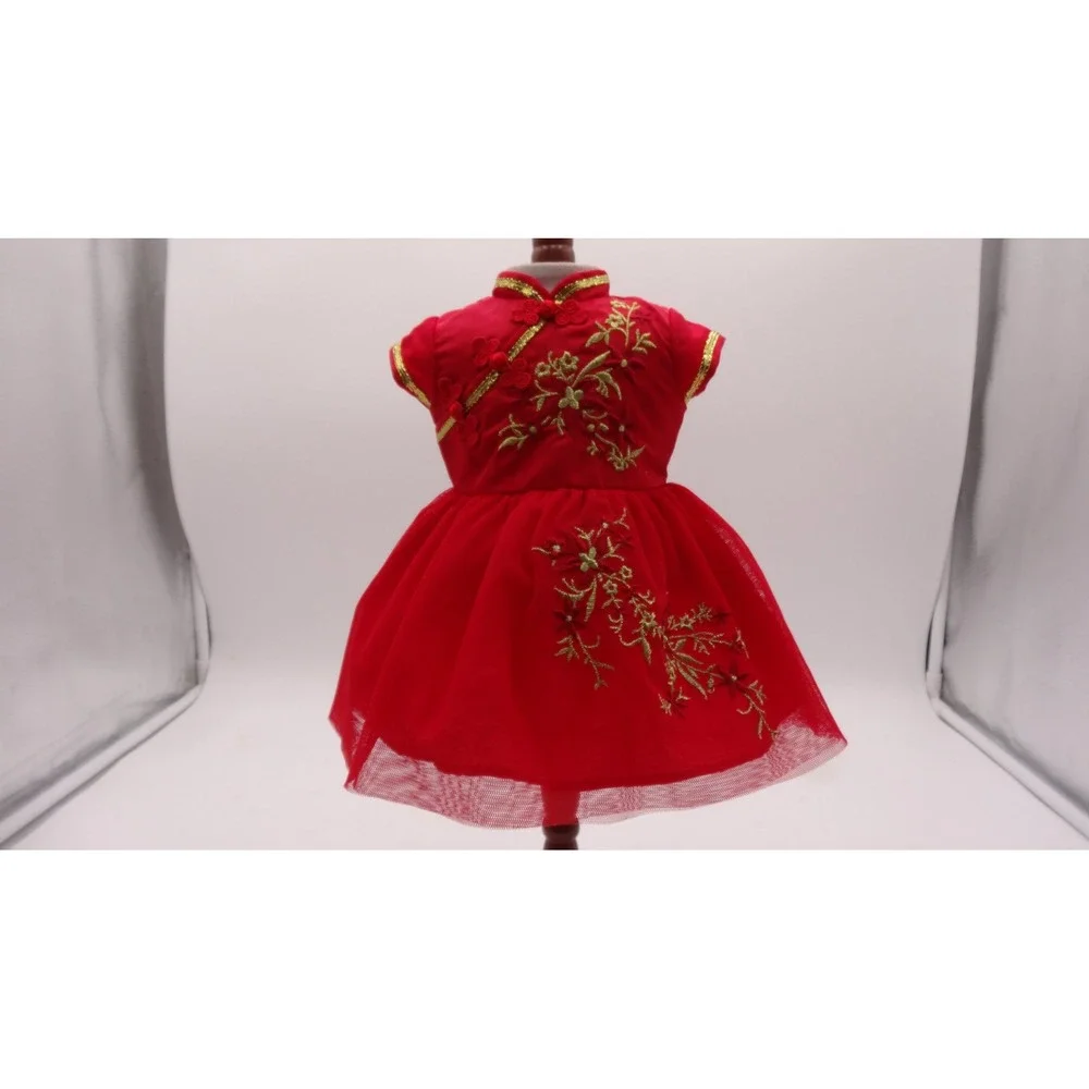 American Girl Lunar New Year Red Mandarin Collar Dress and Gold Glitter Shoes